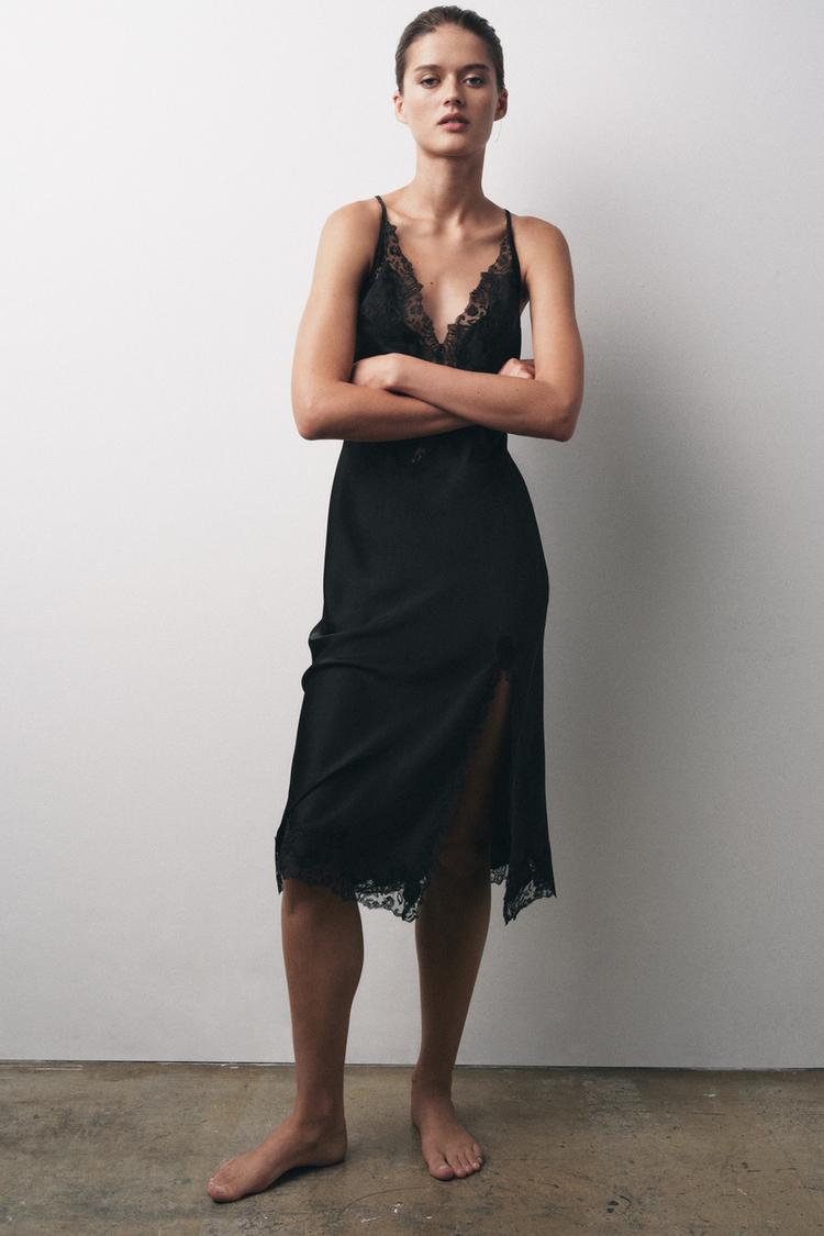 SATIN EMBROIDERED LACE DRESS Black ZARA United States