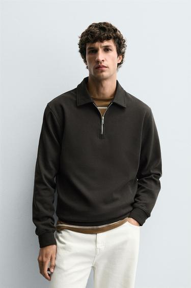 Zara INTERLOCK ZIP POLO SHIRT - Brown / Taupe