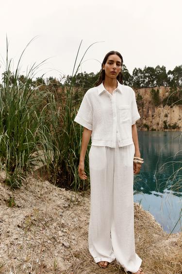 Zara RUSTIC WIDE LEG PANTS - White
