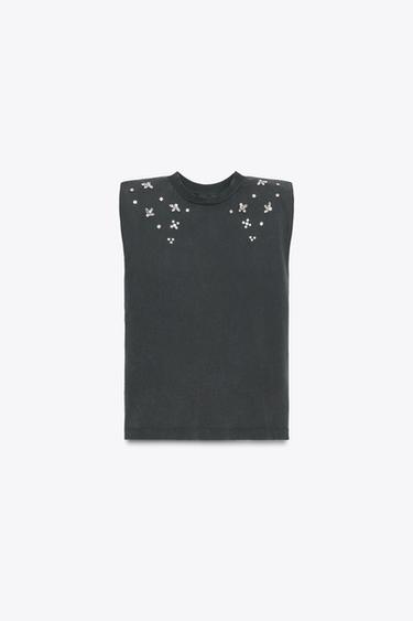 T-SHIRT EFFET DÉLAVÉ ÉPAULETTES BIJOUX - Gris anthracite de Zara - Image 3