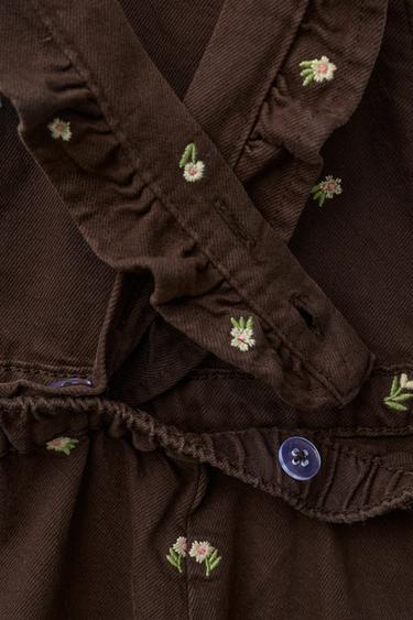 LONG DUNGAREES WITH EMBROIDERED FLOWERS - Brown by Zara - Image 3