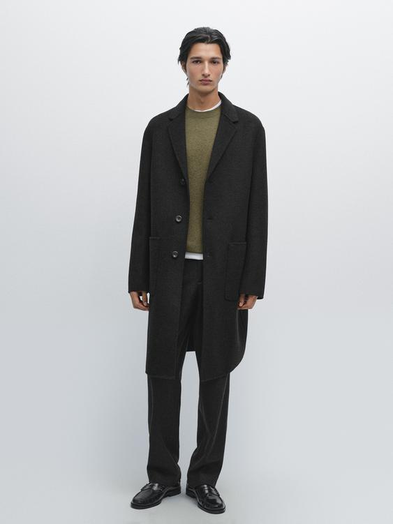 Long double wool blend coat with lapel