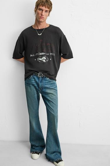 Zara WASHED PRINT KNIT T-SHIRT - Black