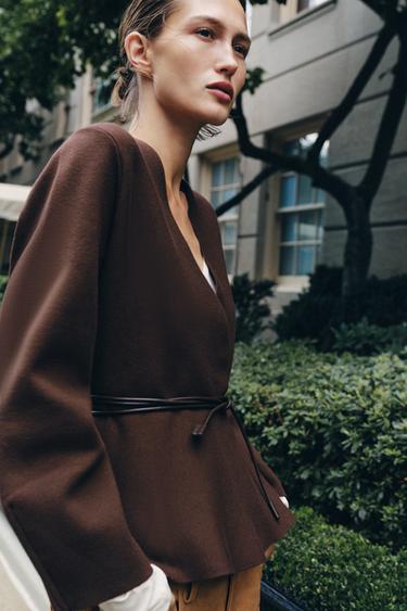 Zara PLETENI KARDIGAN S REMENOM – čokolada