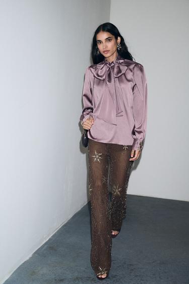 BEADED SEQUIN TROUSERS - Chocolate by Zara
