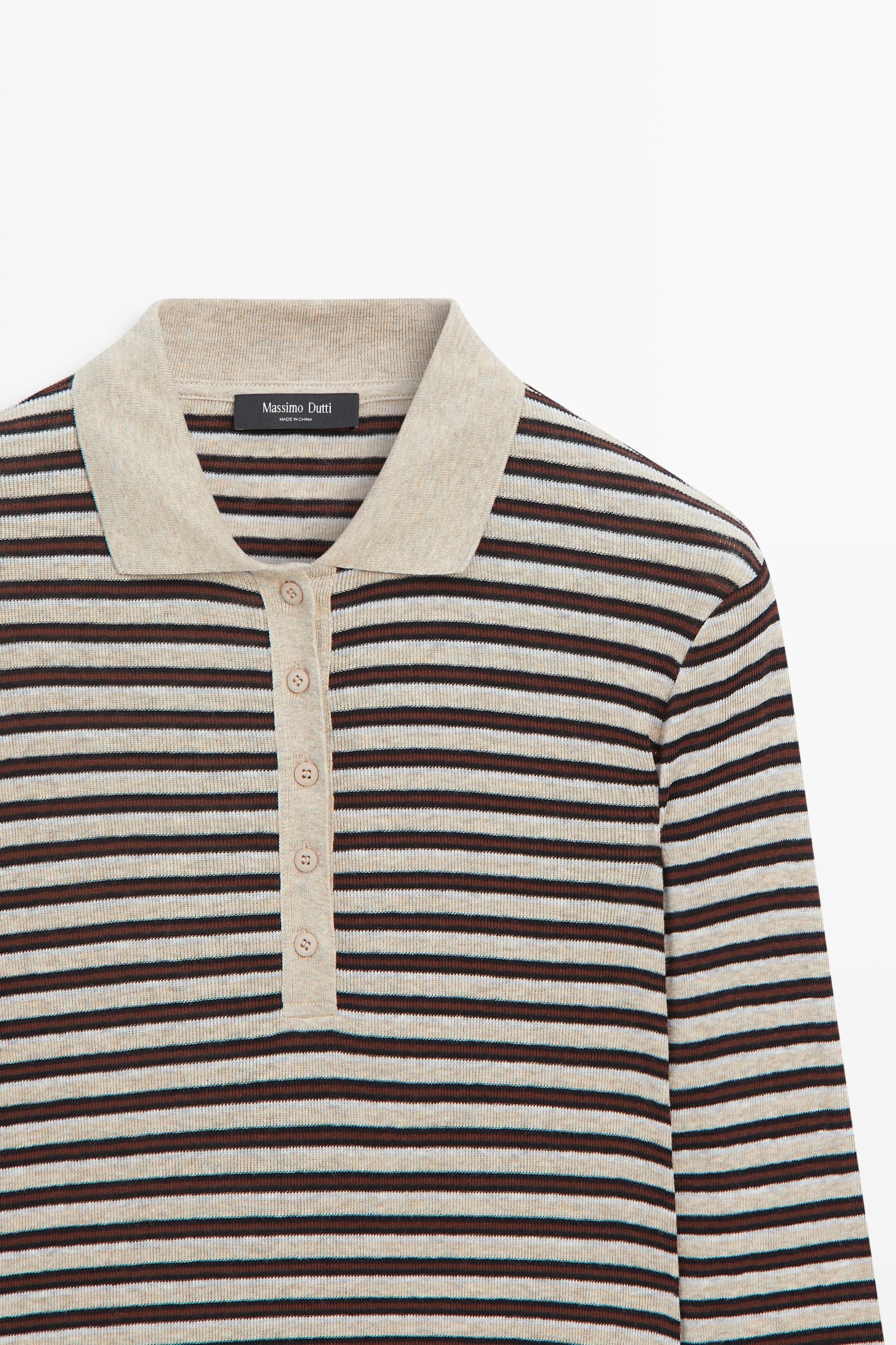 Long sleeve striped wool-blend polo