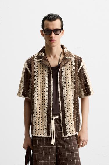 CROCHET TEXTURED SHIRT - Ecru / Brown by Zara - Image 1
