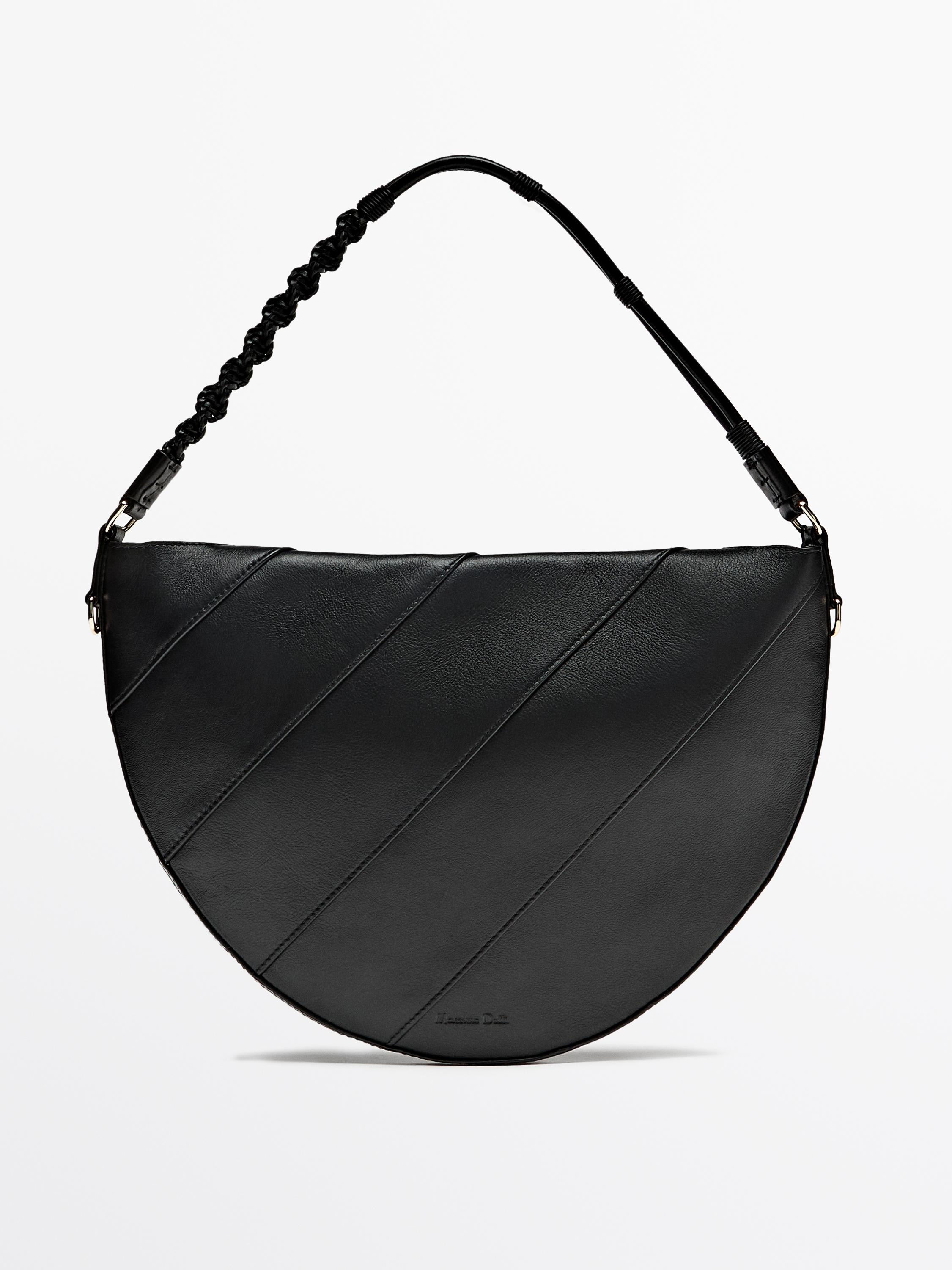 Nappa leather half-moon bag with woven strap