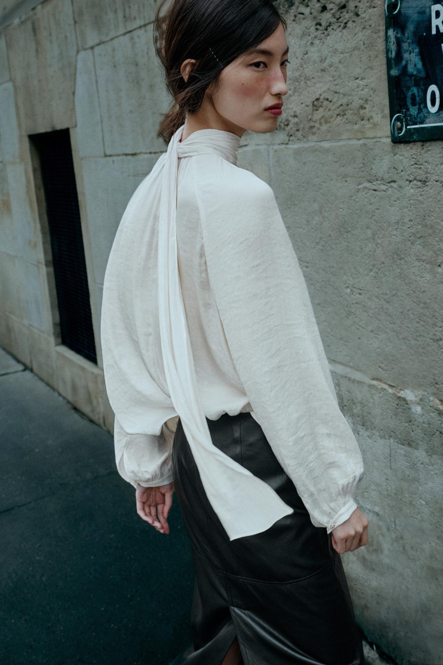 Женская блузка Zara Flowy Bow Blouse, цвет: Экрю — фото 4