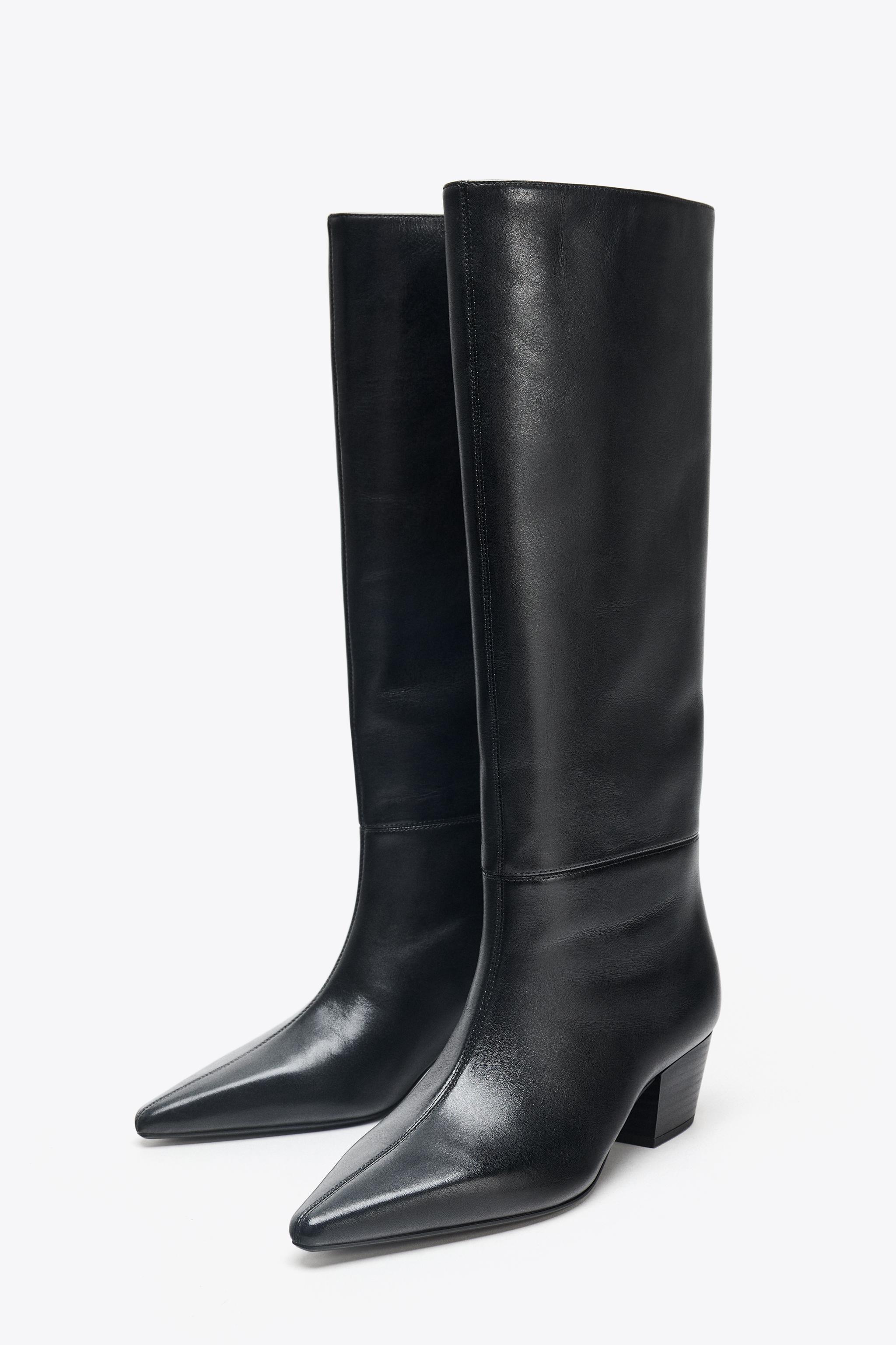 ポインテッドトゥレザーヒールブーツ - ブラック | ZARA Japan