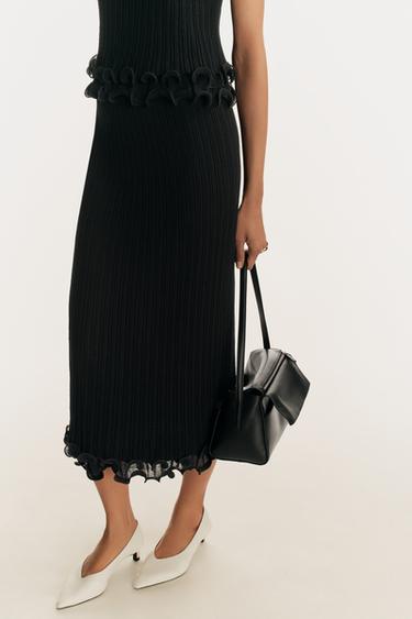 Zara DOUBLE-LAYER KNIT MIDI SKIRT - Black