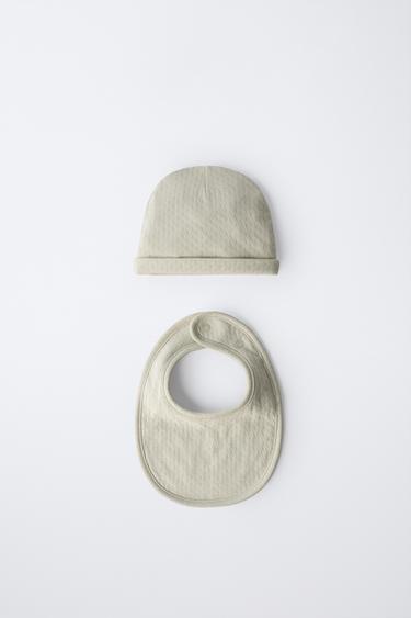 Zara 紋理針織帽和圍兜兩件組 - 綠色 - 圖片 0