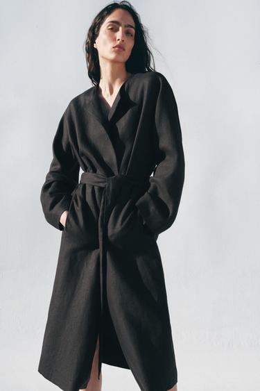 Zara ZW COLLECTION BELTED LINEN COAT - Black