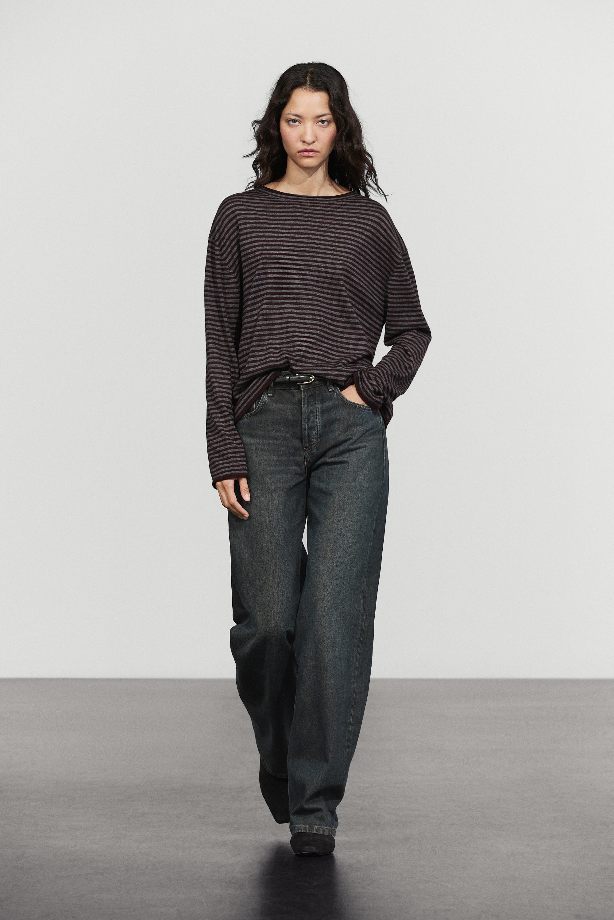 Striped knit sweater with mock turtleneck