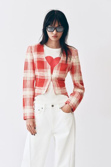 Zara ZW COLLECTION 格紋修身夾克 - 白色 / 紅色