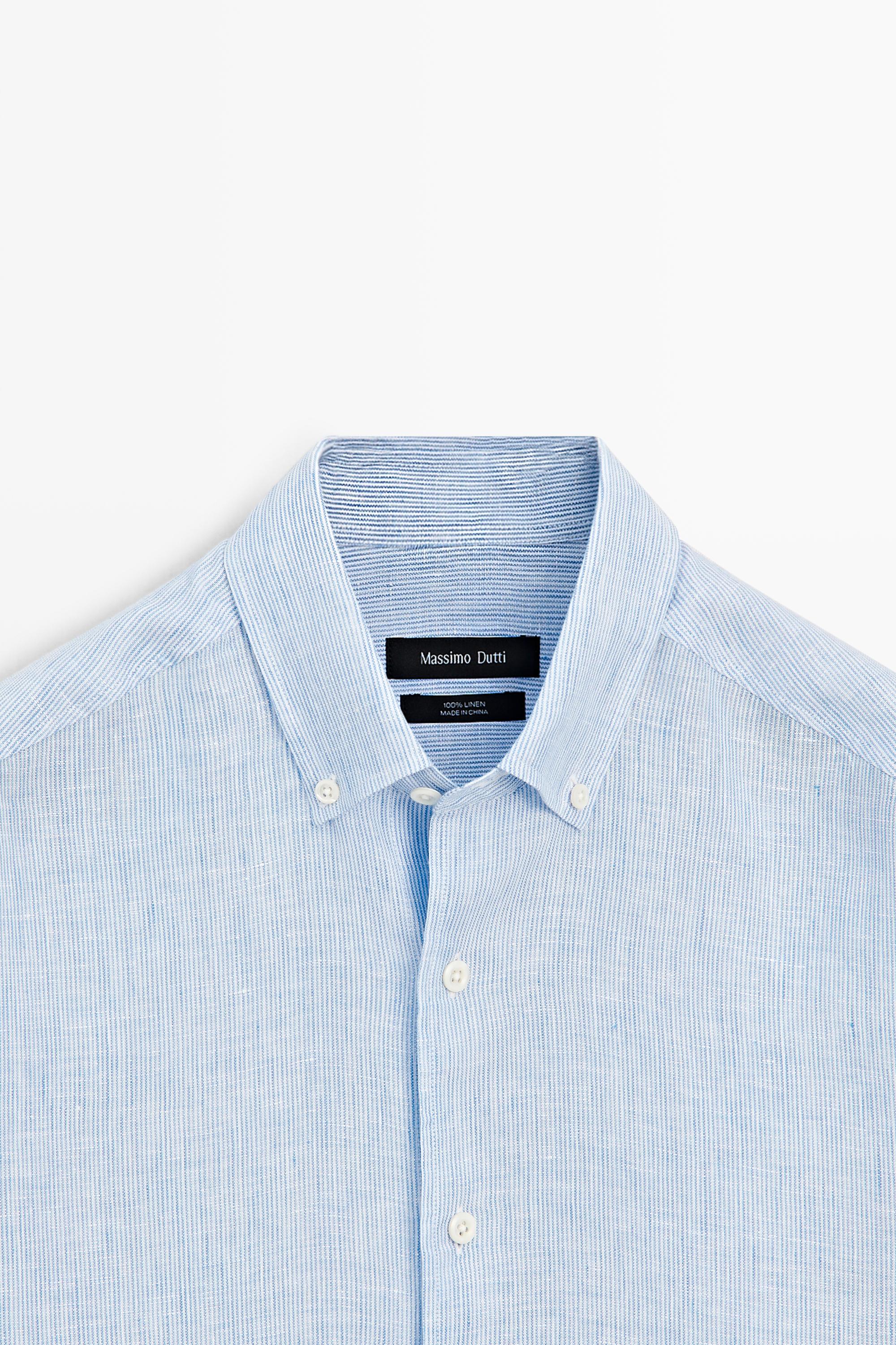 100% linen regular fit pinstriped shirt - Sky blue | ZARA United