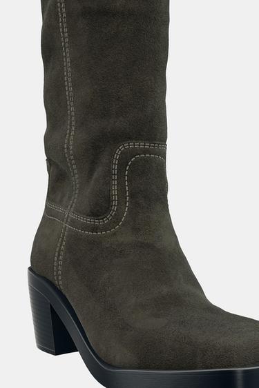 BOTTES EN CROÛTE DE CUIR À SURPIQÛRES - Vert kaki de Zara - Image 6