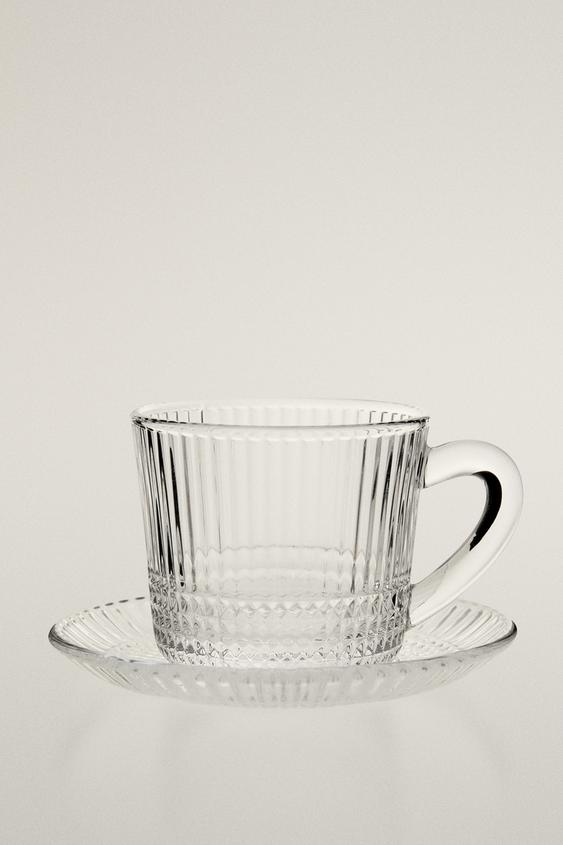 TAZA DE CAFÉ Y PLATO VIDRIO RELIEVE GEOMÉTRICO - Transparente de Zara - Imagen 0