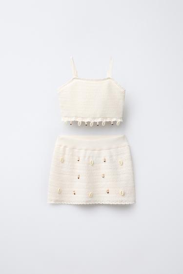 Zara SHELL STITCH TOP AND SKIRT SET - Ecru