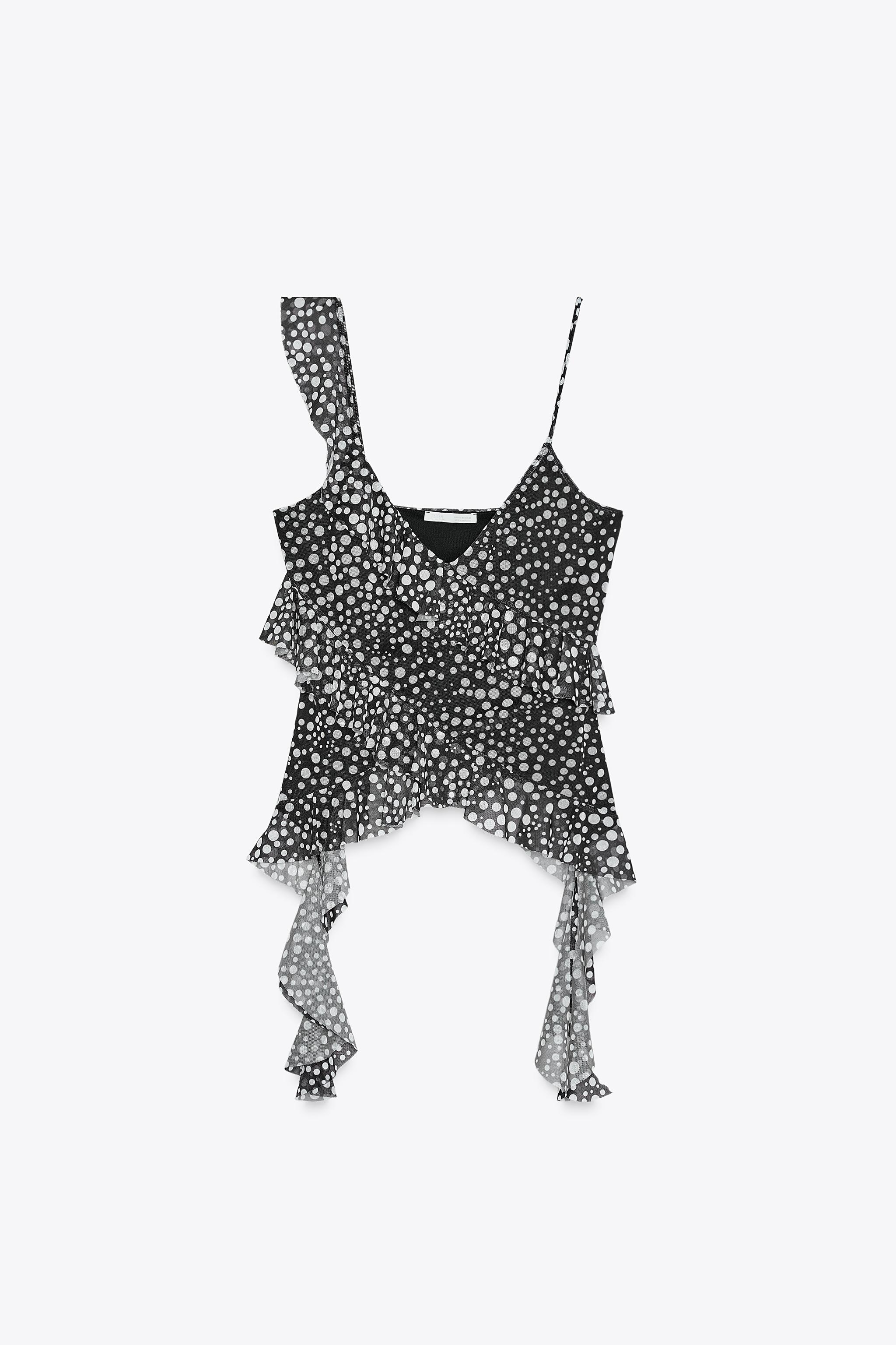 ZARA プリントチュールストラップトップス 5039/120 PRINTED TULLE RUFFLE TOP - Pinks | ZARA United States