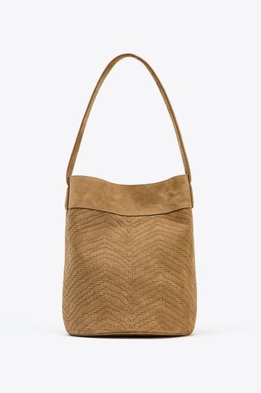 BRAIDED MAXI SPLIT LEATHER BUCKET BAG - Brown by Zara