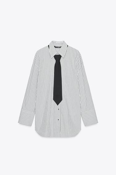 POPLIN SHIRT WITH TIE - Black / White by Zara