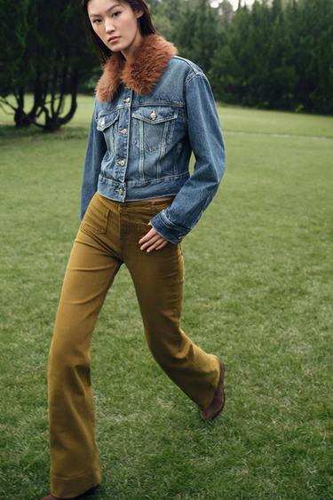 Zara Z1975 系列高腰貼式口袋牛仔褲 - 黃綠色