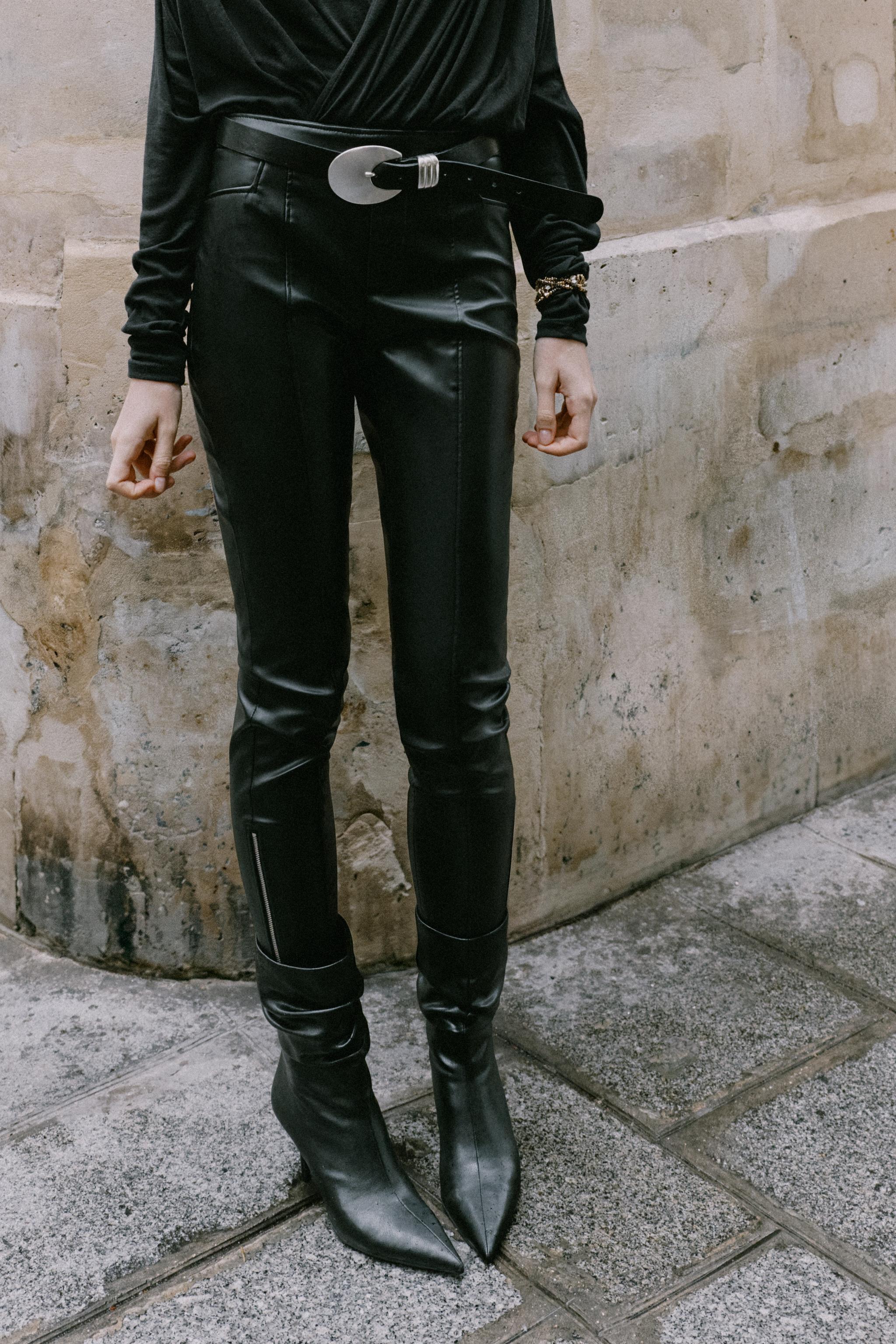 FAUX LEATHER ZIP HEM PANTS