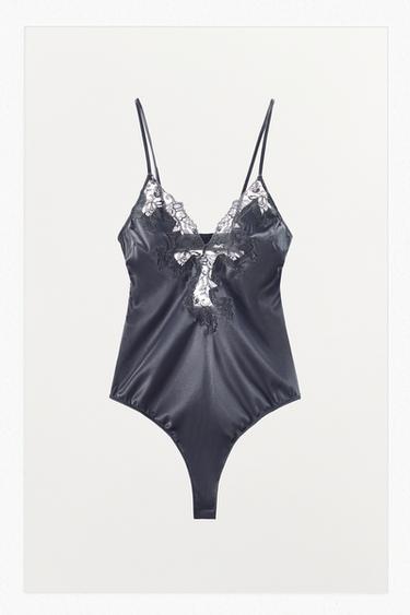Zara SATIN EFFECT LACE BODYSUIT - Gray / Tan