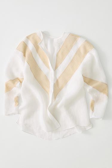 Camisa fluida detalle aplique mezcla lino - Blanco de Zara