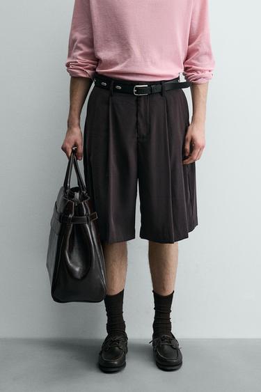 Zara PLEATED WIDE FIT SHORTS - Chocolate