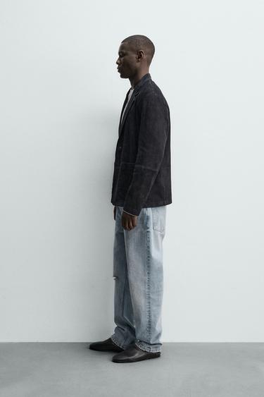 REGULAR FIT SUEDE LEATHER BLAZER - Dark navy by Zara - Image 3