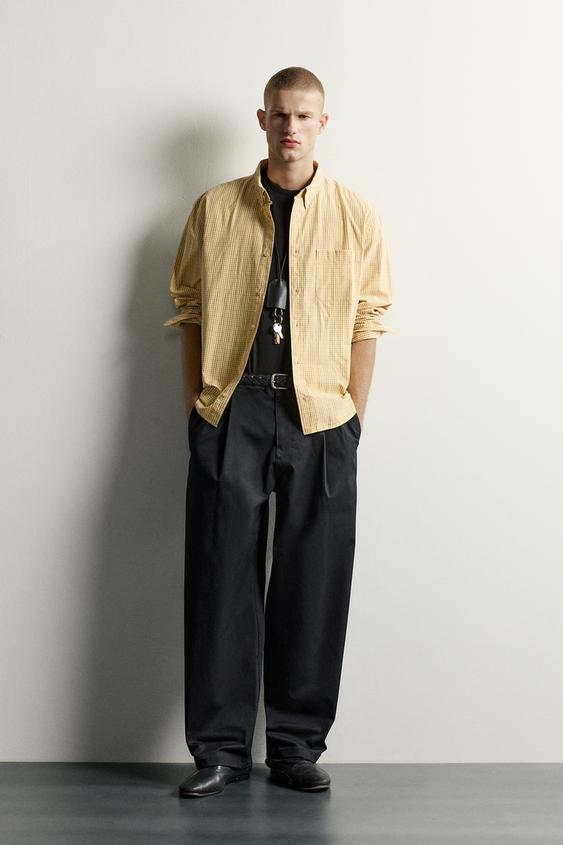 Мужская рубашка Zara Checked Relaxed Fit Cotton, цвет: Светлый жёлтый