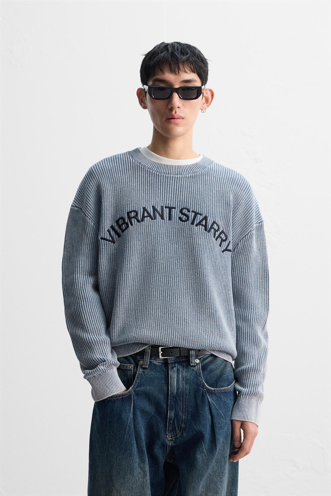 EMBROIDERED TEXT WASHED SWEATER