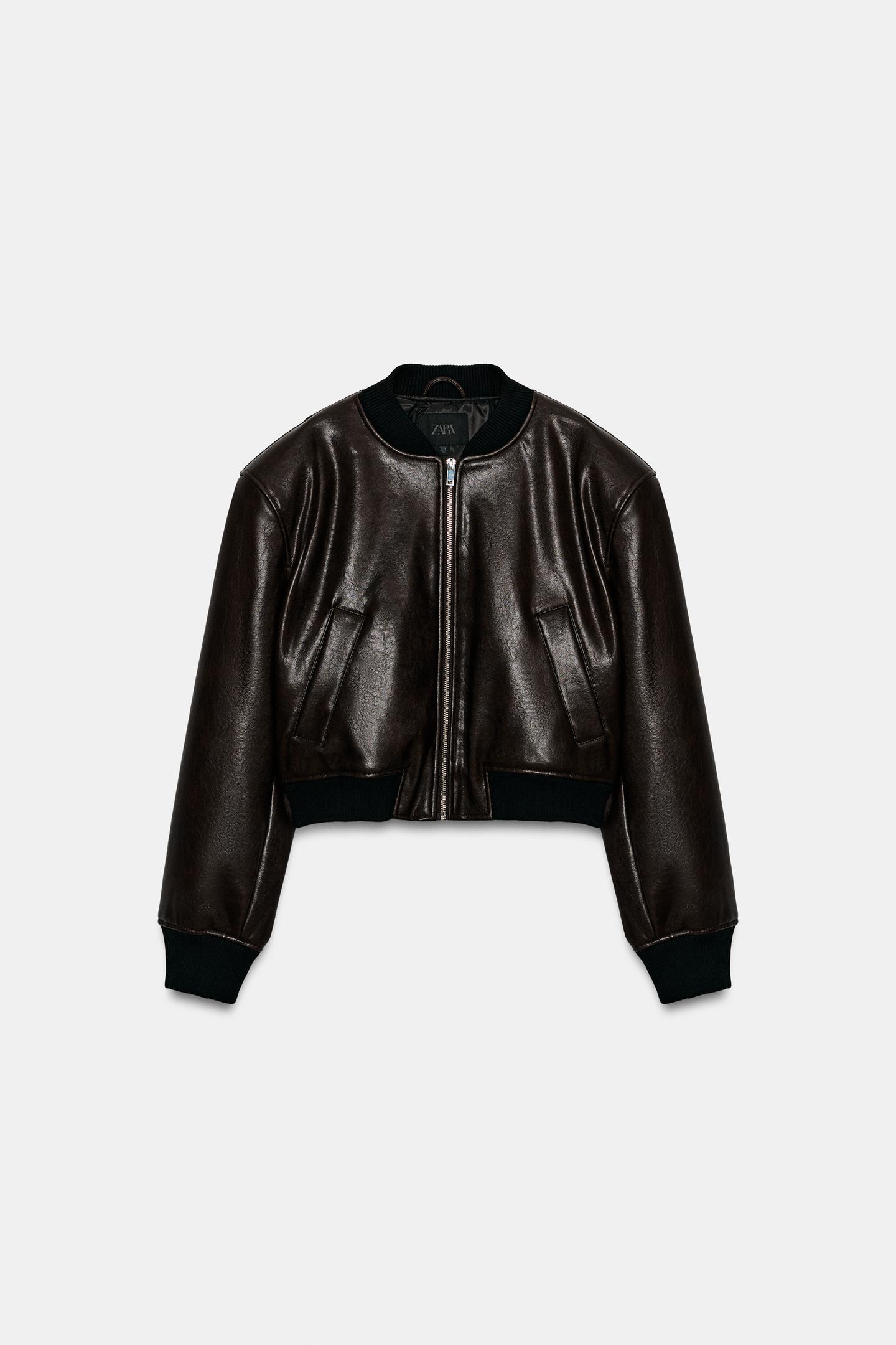 Женская куртка Zara Faux Leather-Effect Bomber, цвет: Коричневый — фото 6