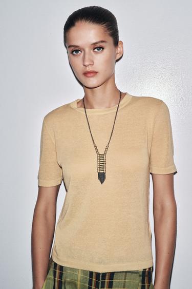SHORT SLEEVE KNIT LINEN BLEND TOP - Mid-yellow by Zara