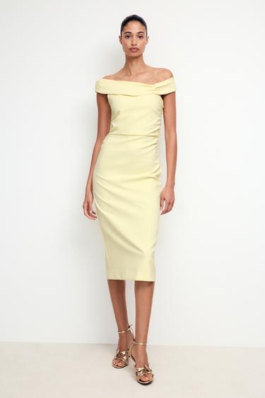 VESTIDO MIDI ASSIMÉTRICO COM FRANZIDOS - Amarelo da Zara