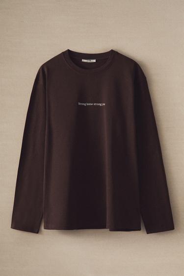 LONG-SLEEVE T-SHIRT WITH SLOGAN - Brown by Zara
