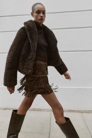 SHIMMERING FAUX SUEDE FRINGED SKIRT - Brown by Zara