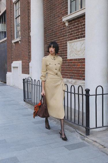 Zara 斜紋布飾袢中長版連身裙 - 沙色