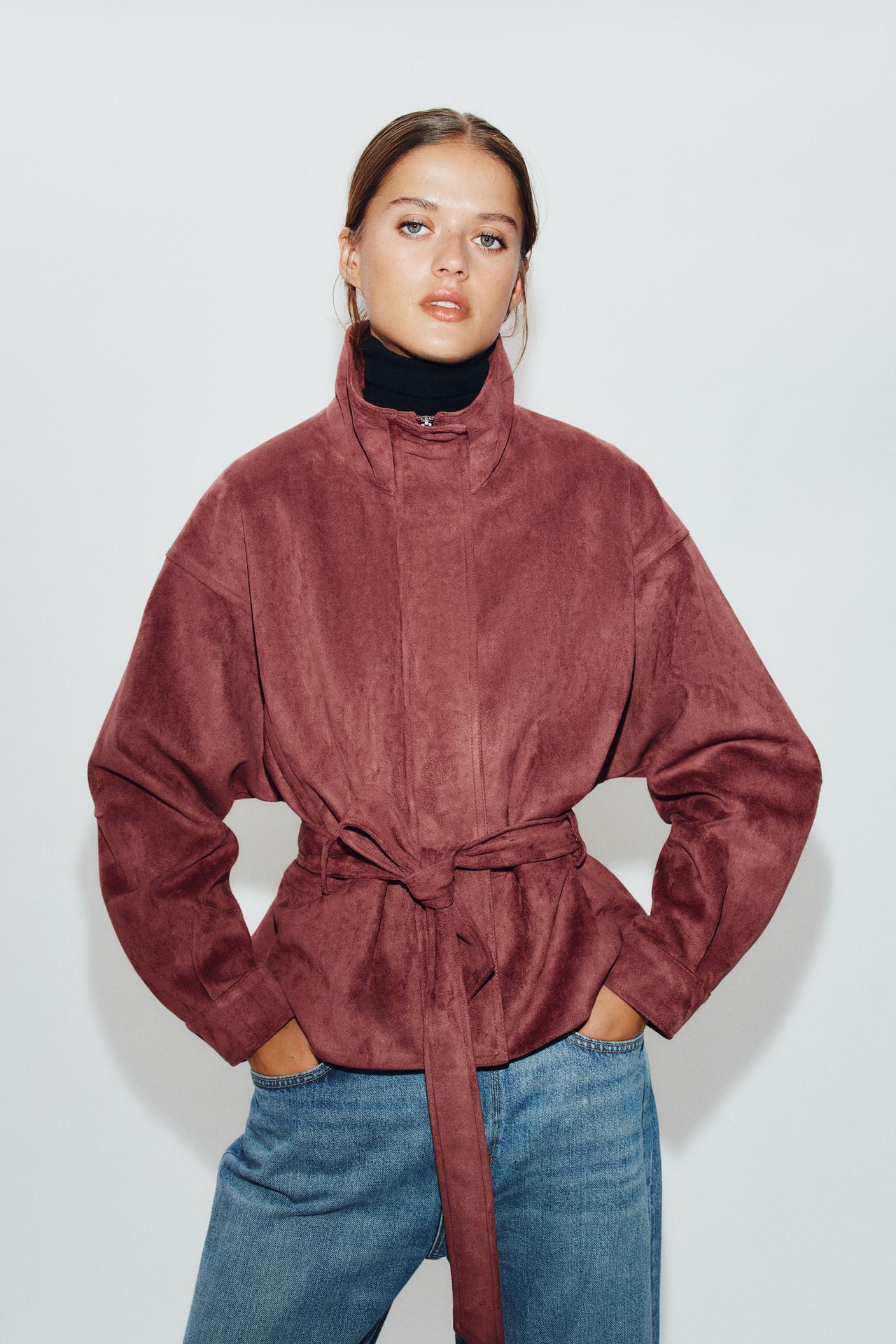 SUEDE-EFFECT BELTED JACKET — MARSALA