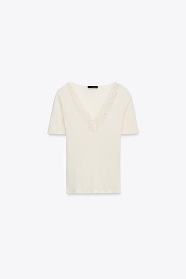 T-SHIRT CÔTELÉ DENTELLE - Blanc cassé de Zara - Image 5