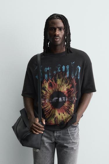 Zara COMBINED PRINT KNIT T-SHIRT - Black