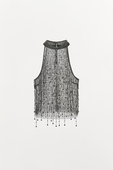 BEADED FRINGE HALTER TOP - Silver by Zara - Image 0