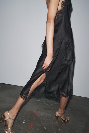 Zara SATIN EFFECT LACE SKIRT ZW COLLECTION - Black