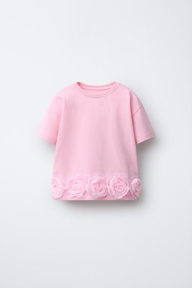 T-SHIRT WITH FLOWER APPLIQUÉ - Pink by Zara