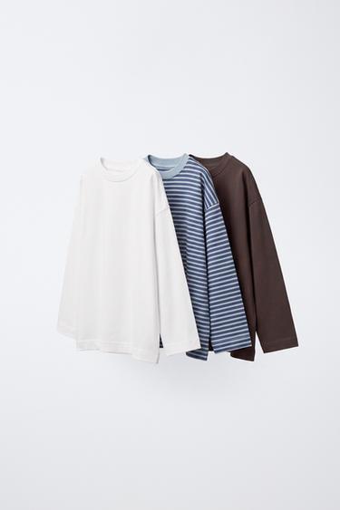 PACK TRES CAMISETAS MANGA LARGA RAYAS Y LISAS - Azul de Zara - Imagen 0