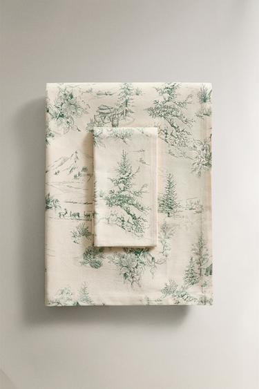 COTTON CHRISTMAS TOILE DE JOUY TABLECLOTH - Green by Zara