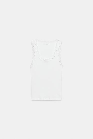 TOP WITH FAUX PEARLS AND LACE - Oyster-white by Zara