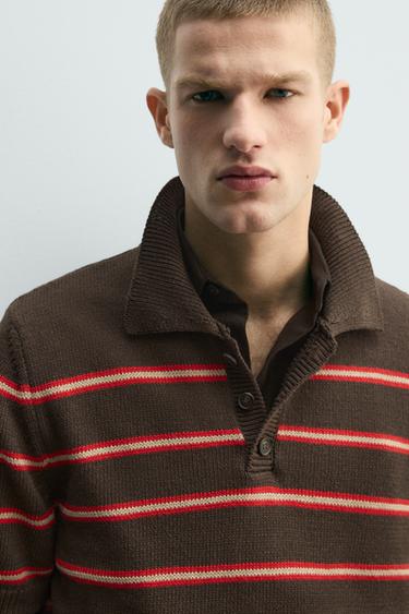 POLO EN MAILLE JACQUARD À RAYURES - Marron de Zara - Image 4
